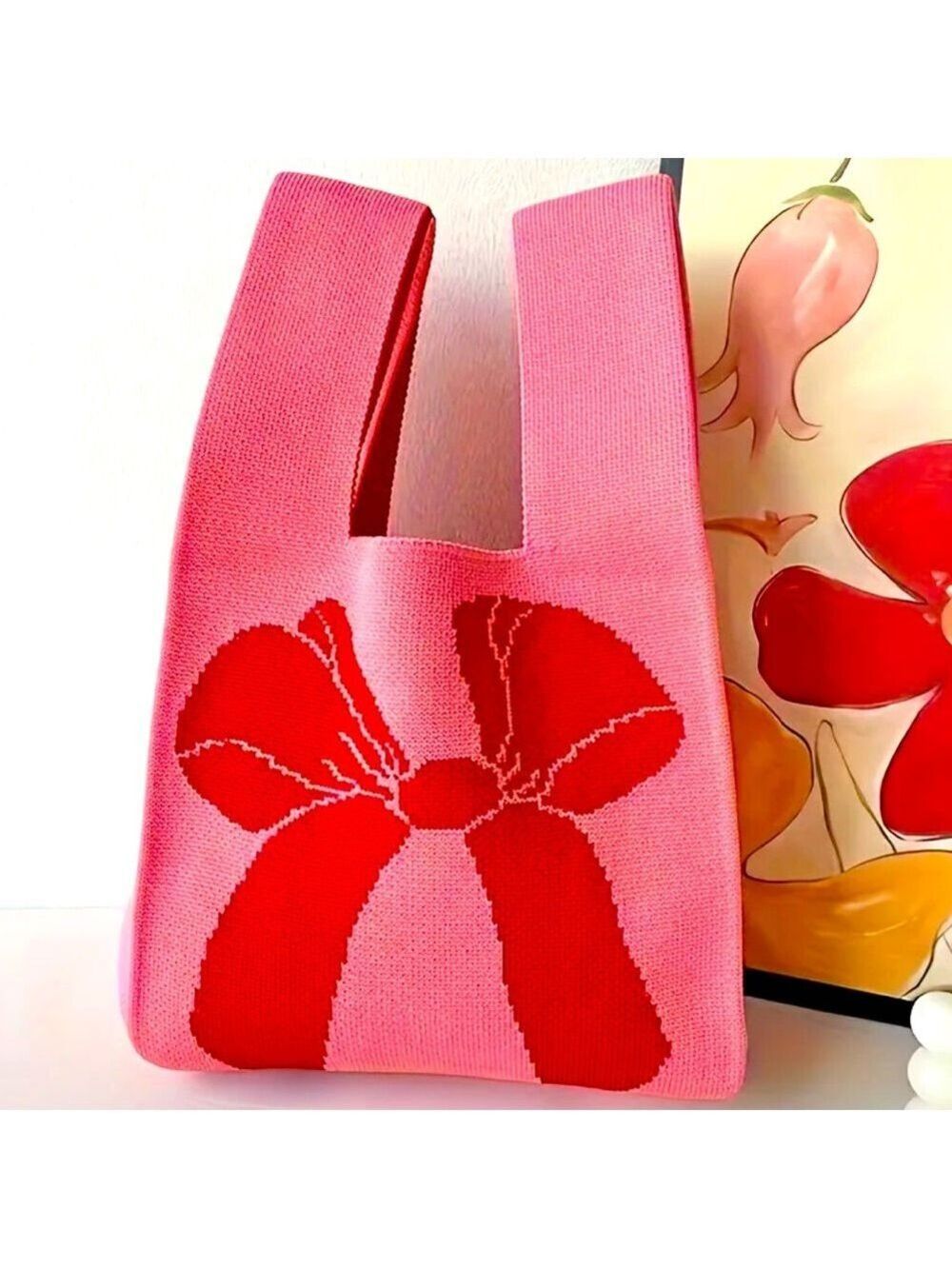 Heavy Woven Knit Pink Bow Pattern Tote Purse Bag Japanese Knot  Closure Style